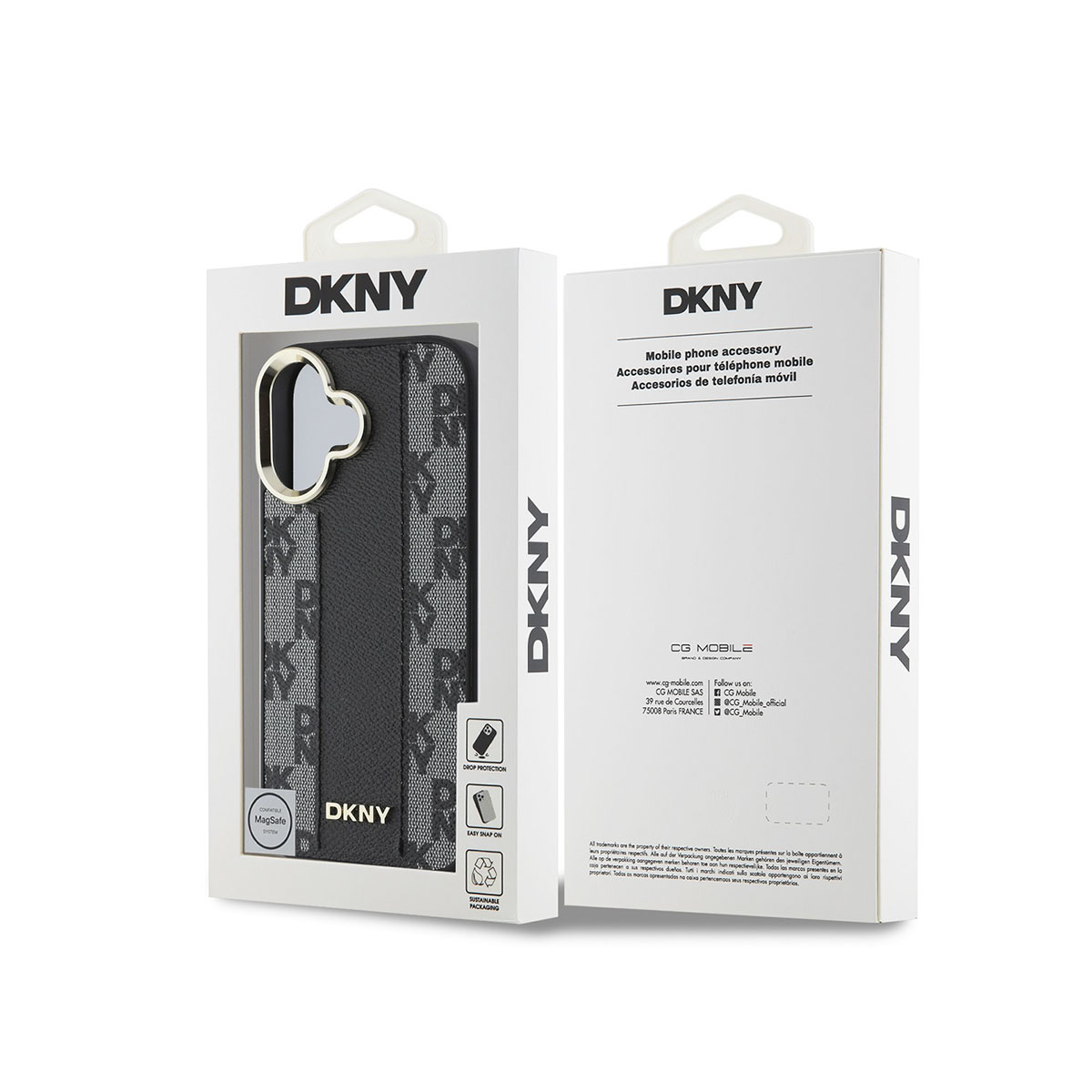 Custodia telefono DKNY in confezione con logo MagSafe e informazioni prodotto.