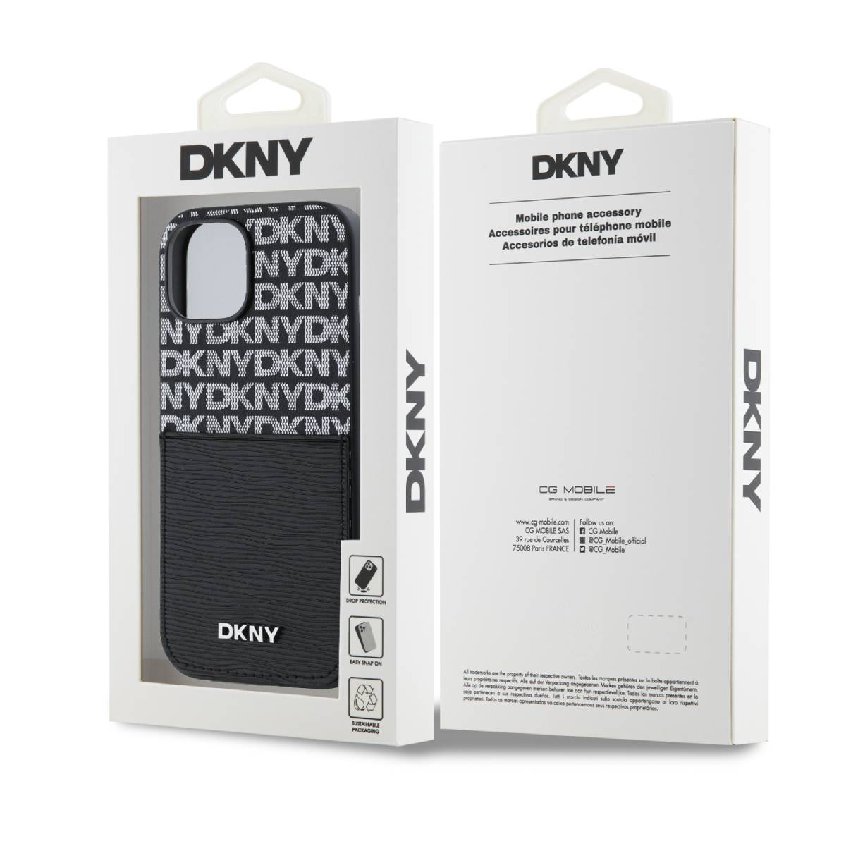 Custodia nera DKNY con motivo e tasca integrata sul davanti.