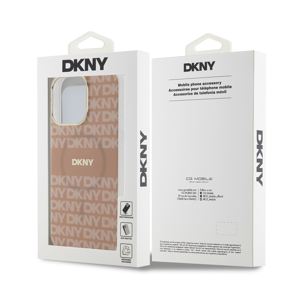 Custodia DKNY in scatola con motivo e testo, che mostra le caratteristiche.