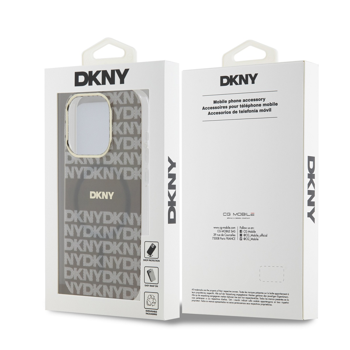 Confezione custodia per telefono DKNY con finestra trasparente e dettagli prodotto.