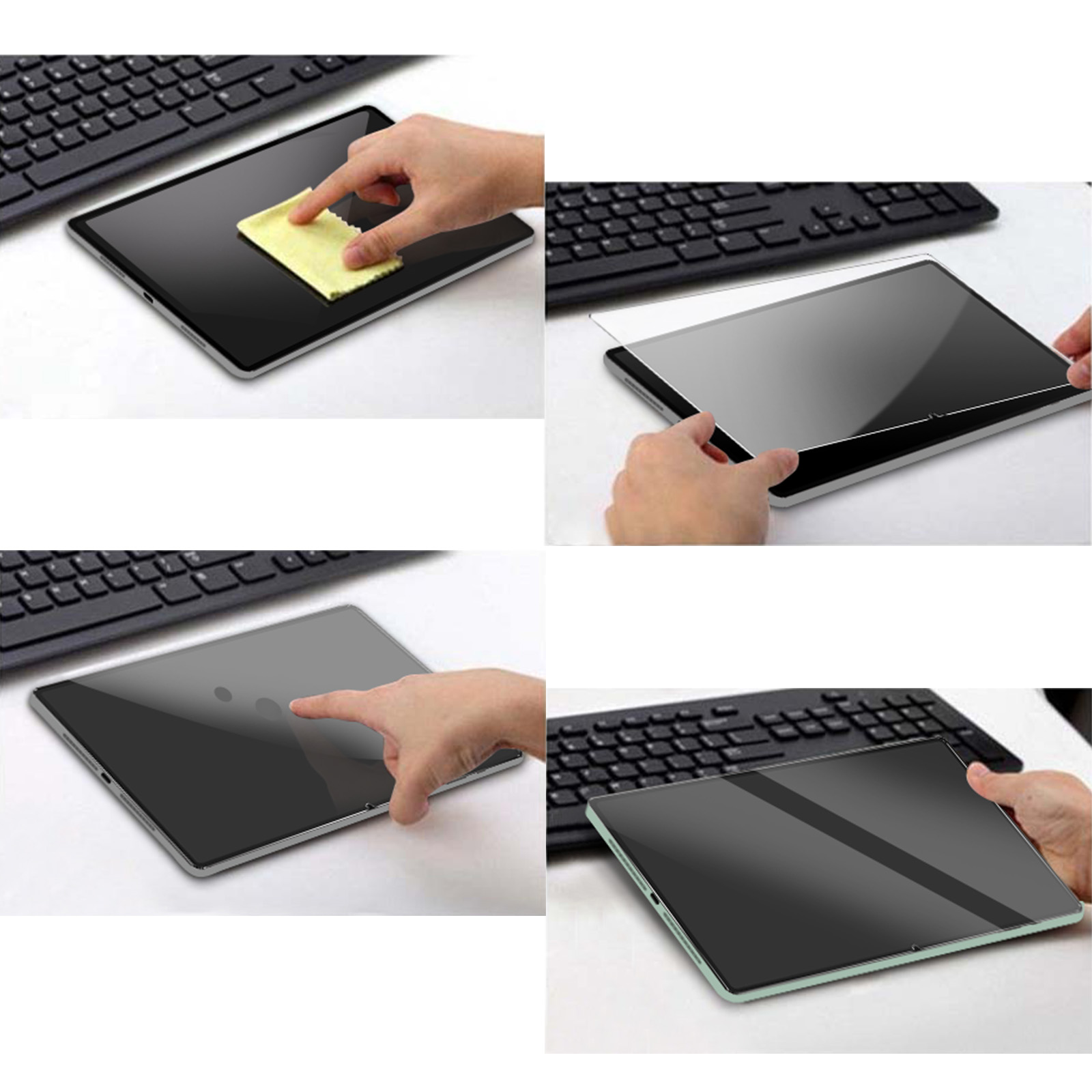 Een hand reinigt een tablet met een gele doek, een andere brengt een screenprotector aan.