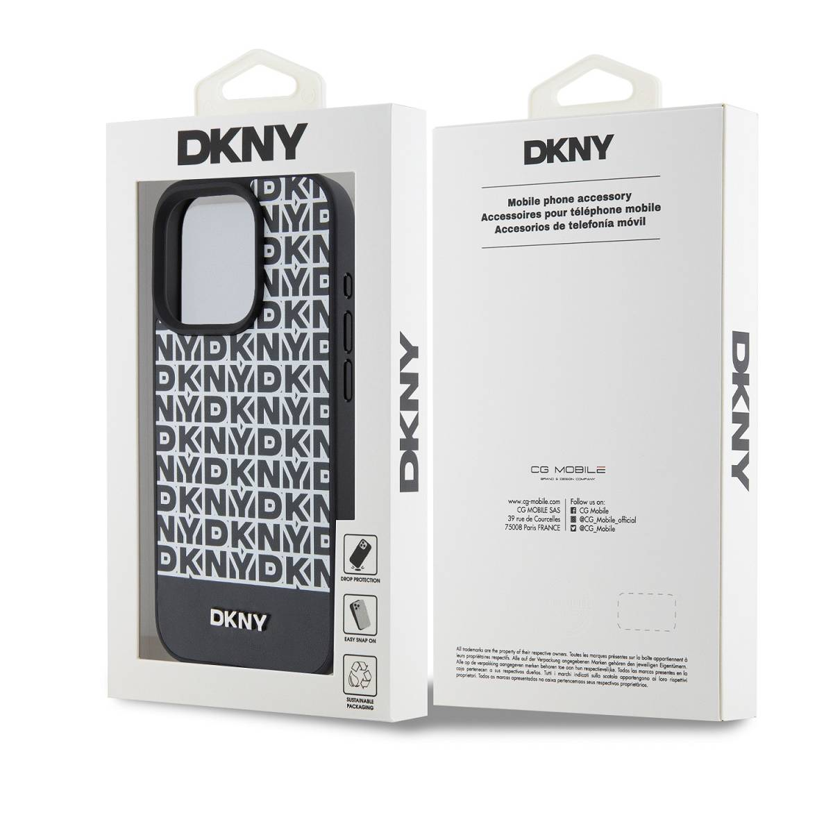 Custodia per telefono DKNY con motivo ripetuto del logo DKNY, in confezione bianca.