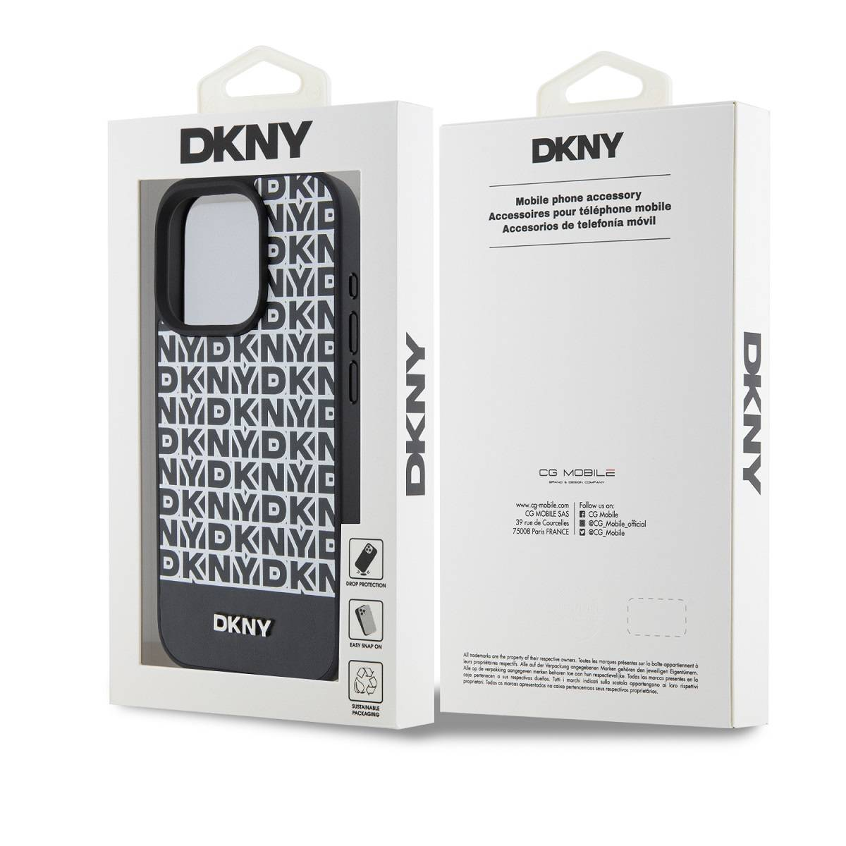 Custodia per telefono DKNY con motivo ripetuto del logo DKNY su sfondo nero.