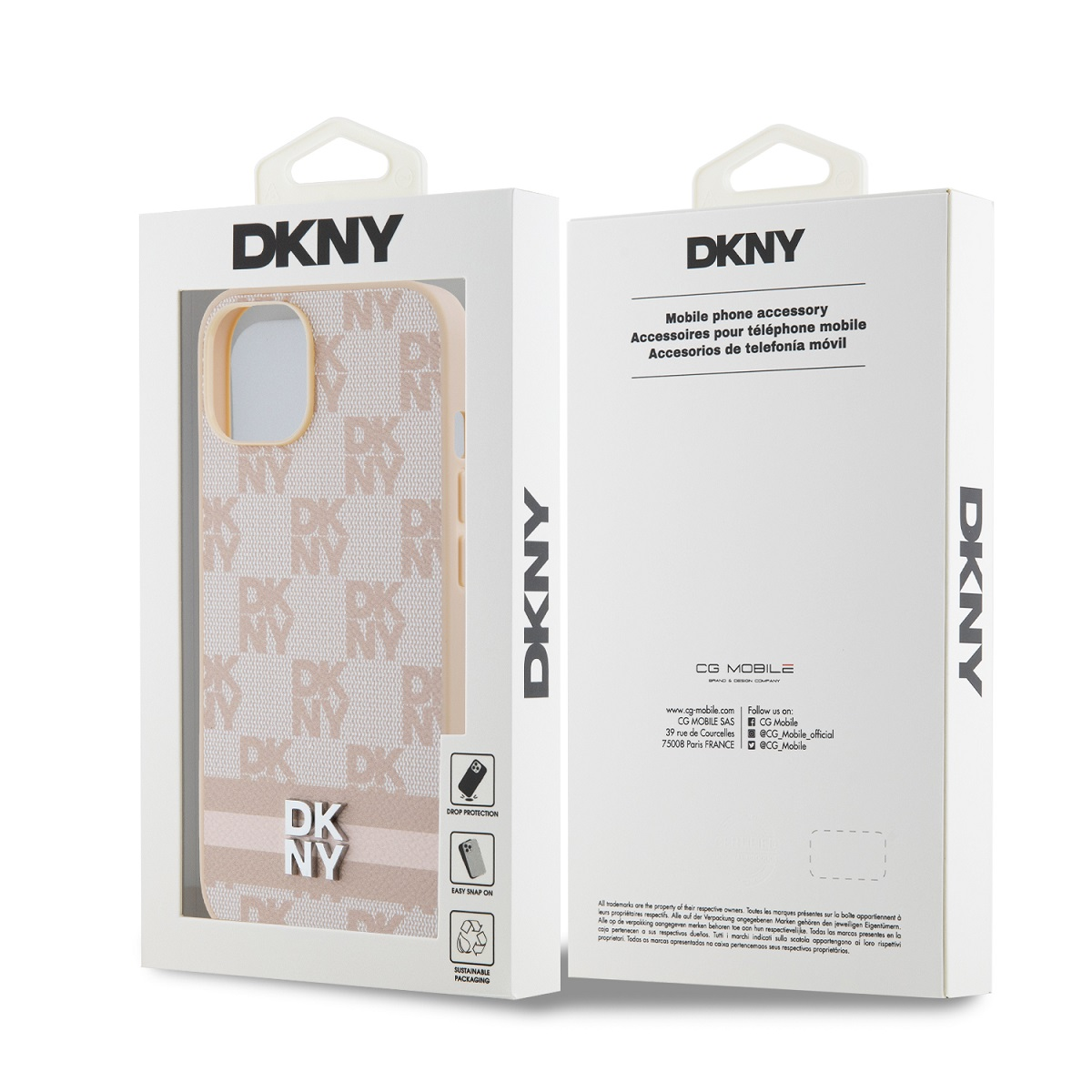 Confezione cover per telefono DKNY con motivo monogramma e informazioni prodotto.