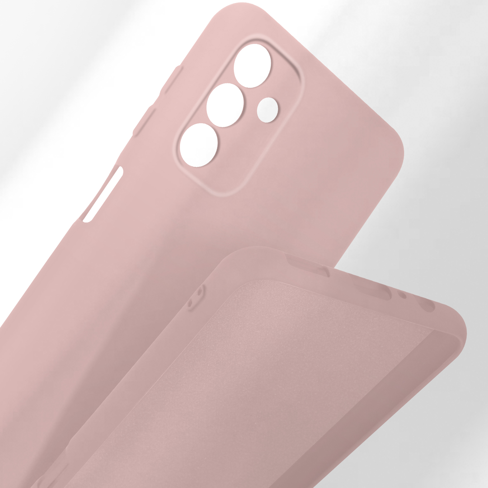 Due custodie rosa per telefono con ritagli per fotocamera su sfondo bianco.
