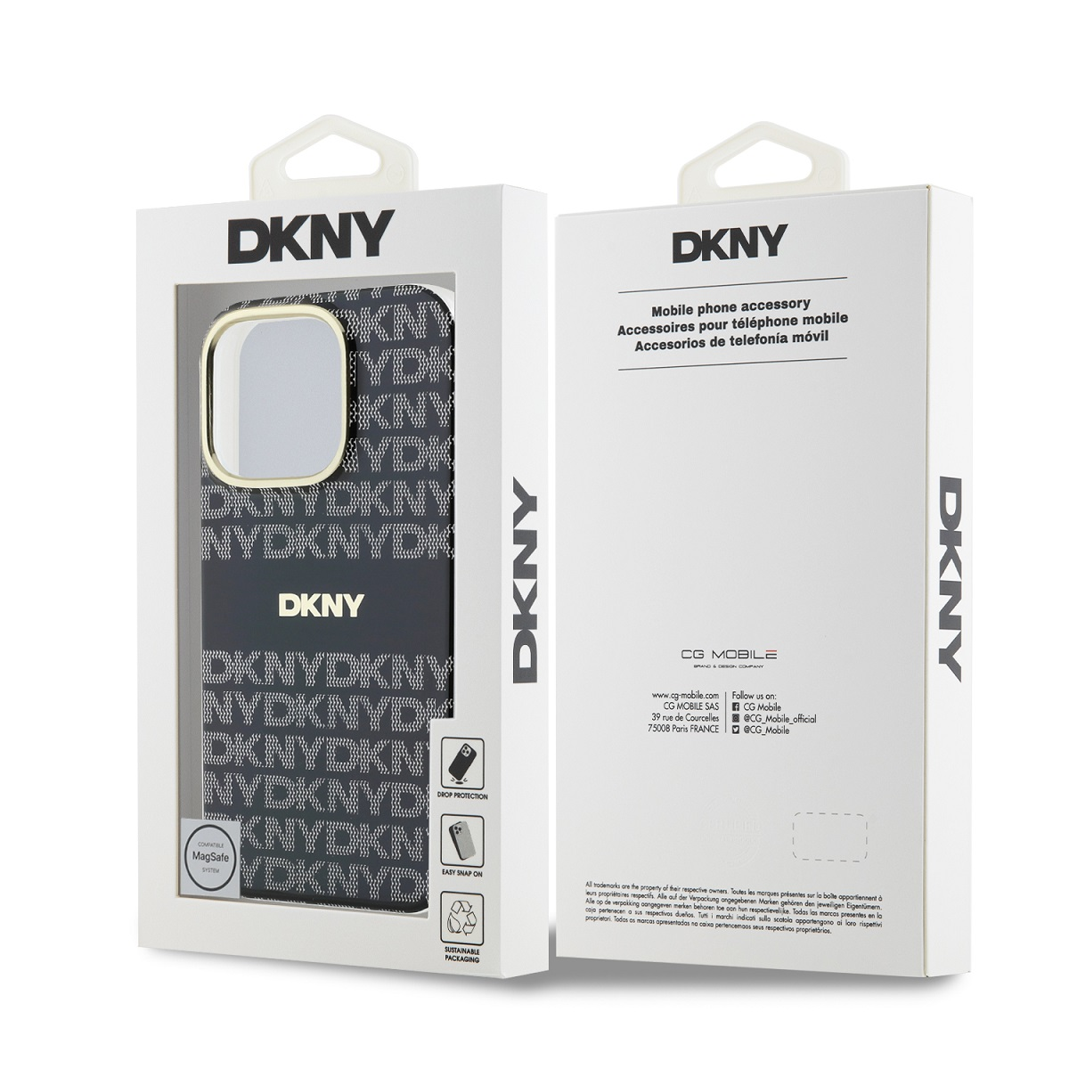 Custodia DKNY in confezione. Logo e motivo. "Protezione anti-caduta".