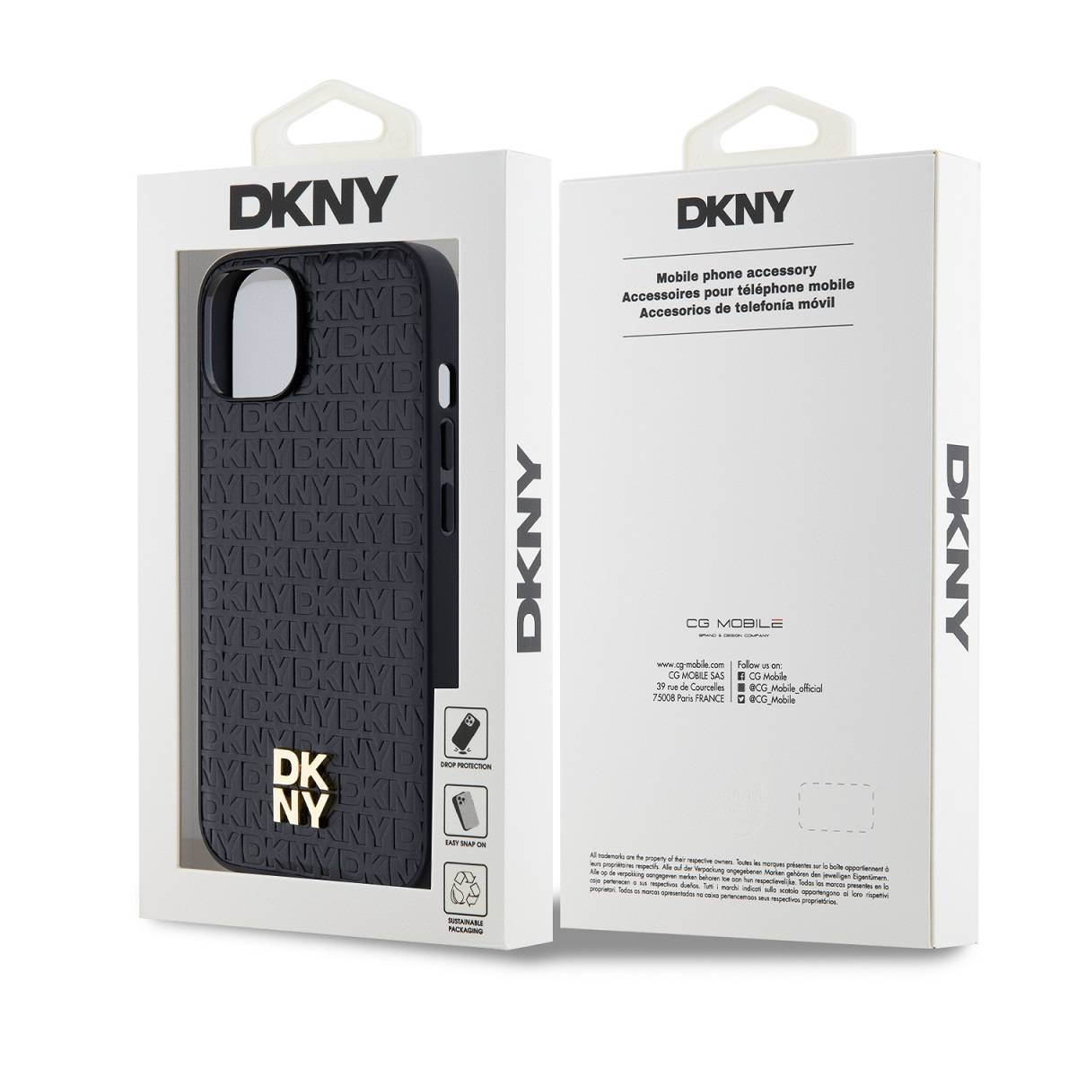 Custodia nera DKNY in confezione con motivo DKNY ripetuto.
