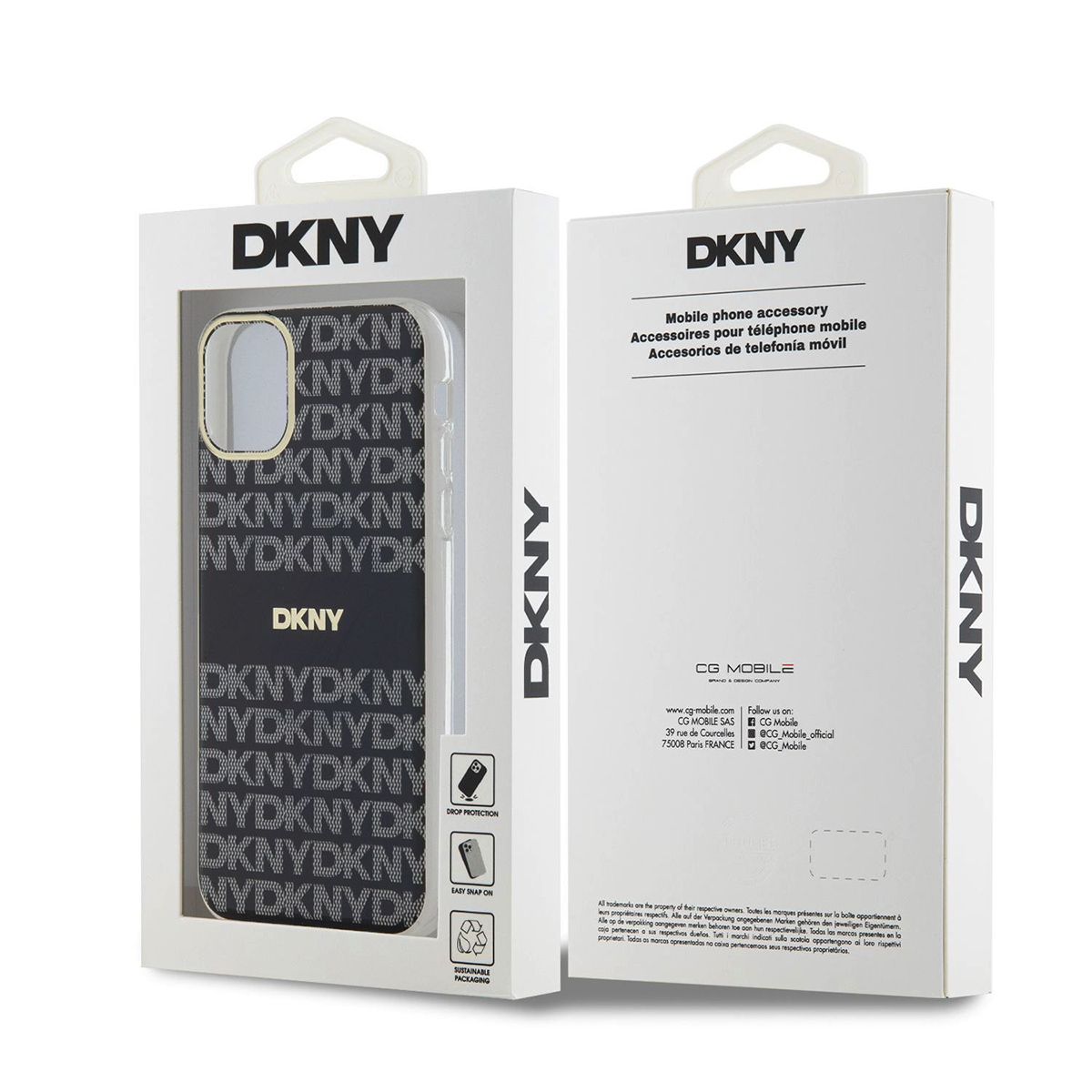 Custodia per telefono DKNY in confezione con motivo DKNY ripetuto, grigio e nero.