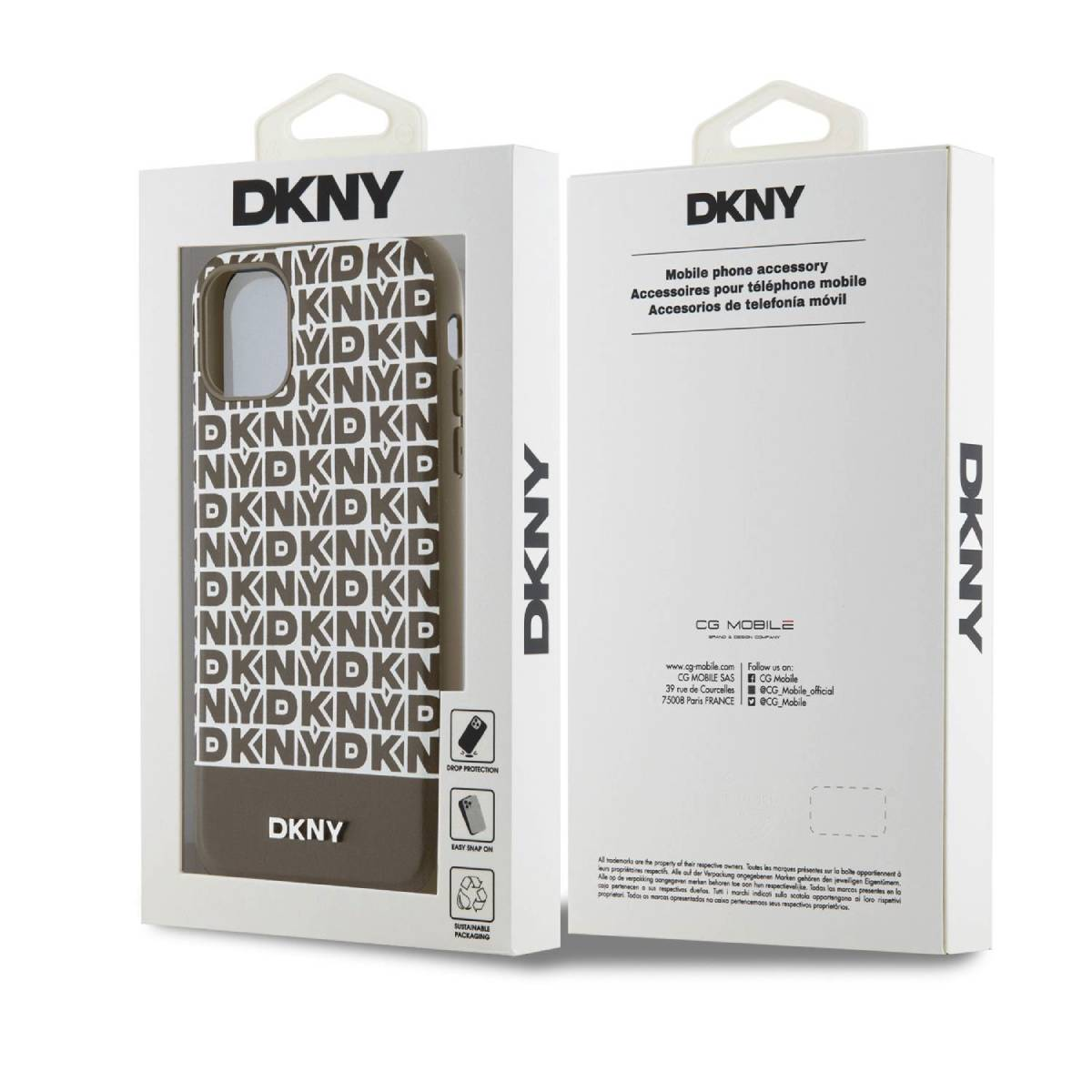 Confezione accessorio mobile DKNY con motivo logo ripetuto.