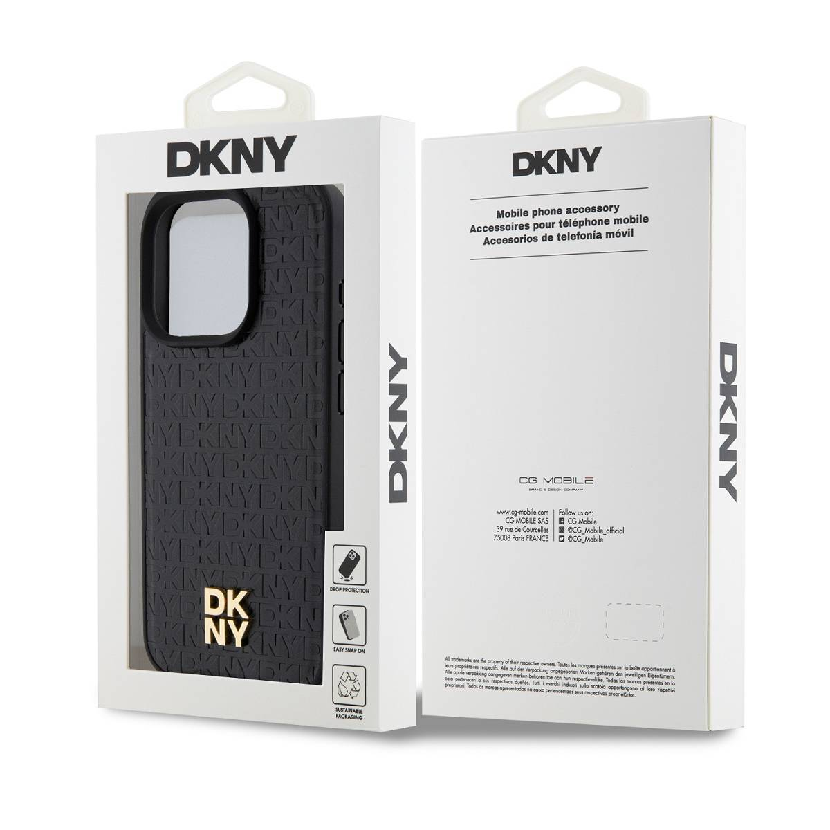 Custodia nera DKNY con motivo logo ripetuto su confezione bianca.