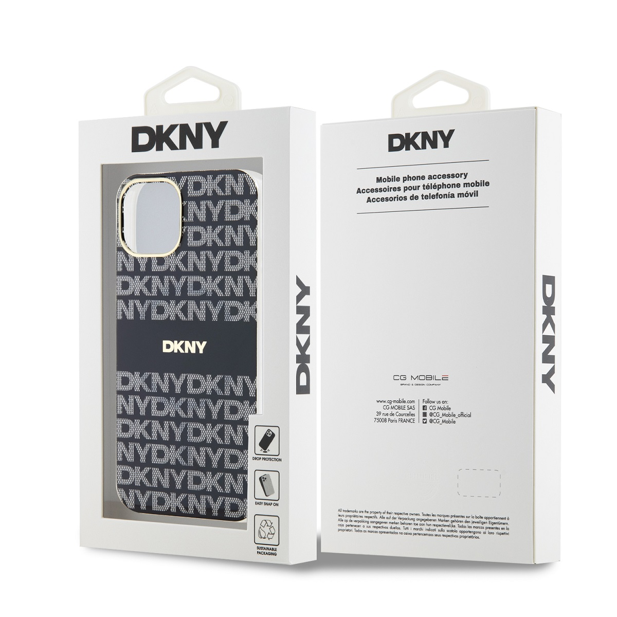 Custodia per telefono DKNY in confezione con logo e motivo. Entrambi i lati mostrati.