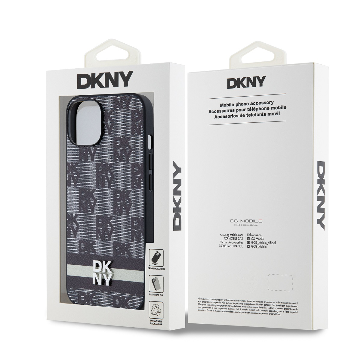 DKNY Handyhülle in Verpackung mit Logo-Muster und Produktinformationen.