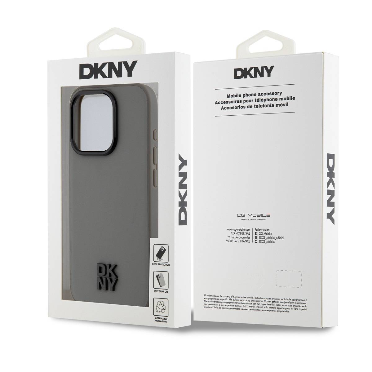 Custodia grigia per cellulare marca DKNY in confezione, con logo e dettagli prodotto.