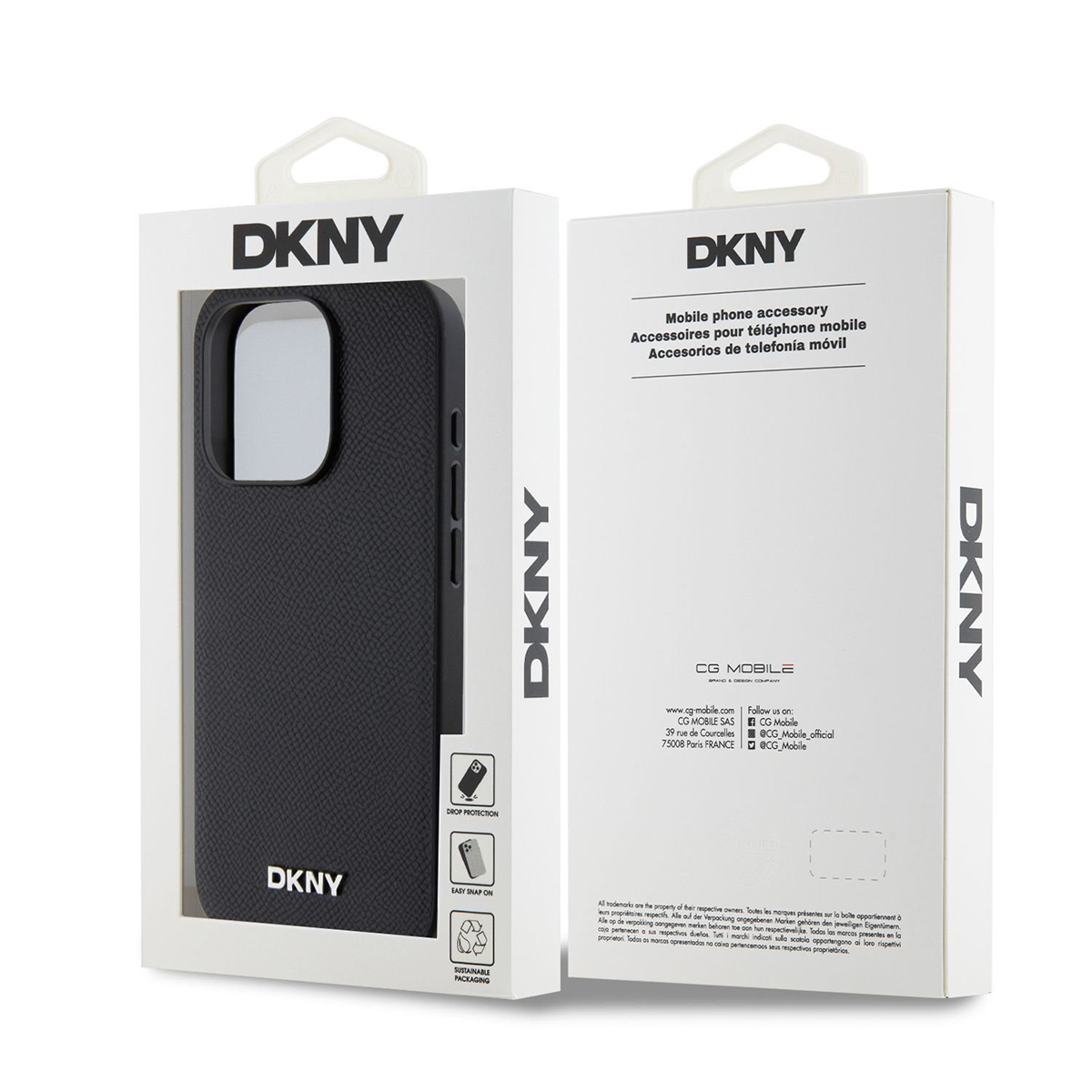 Confezione a marchio DKNY con custodia per telefono nera, etichette e testo.