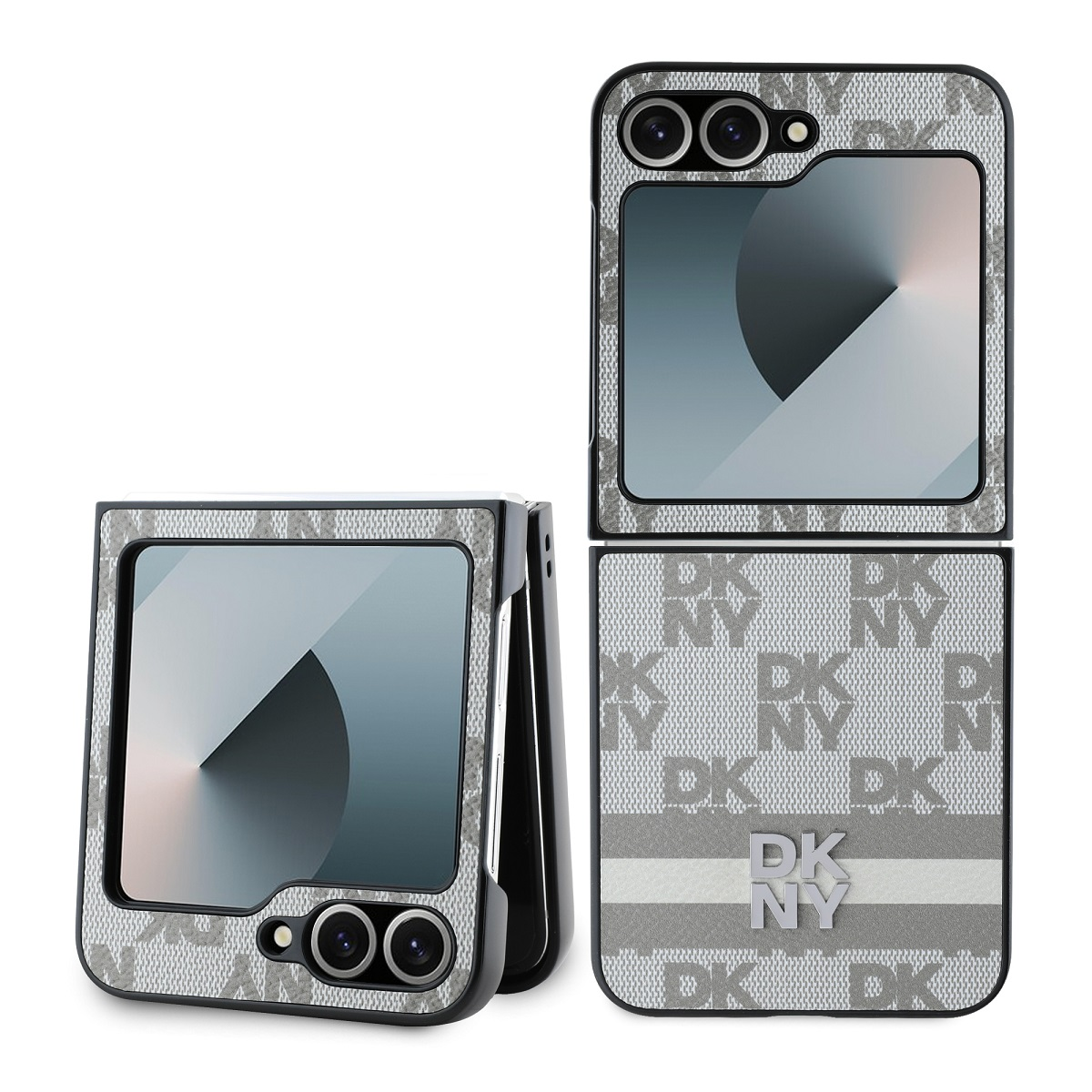 Un telefono flip argentato con motivo DKNY. Un telefono è aperto, l'altro chiuso.