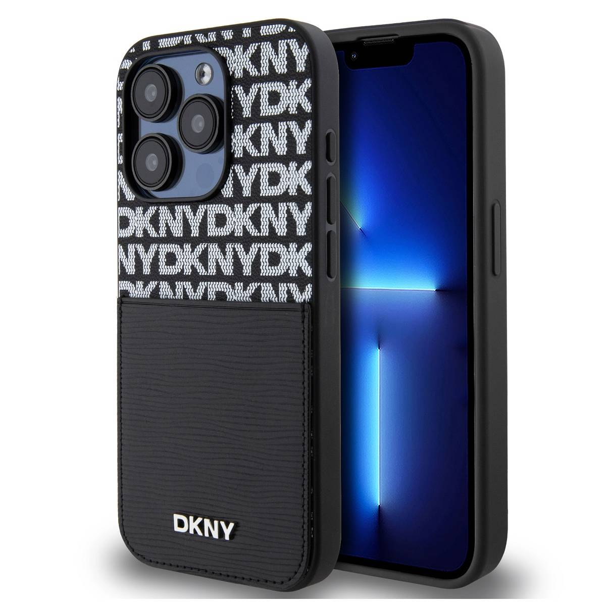 Custodia nera DKNY con motivo logo ripetuto e tasca portafoglio.