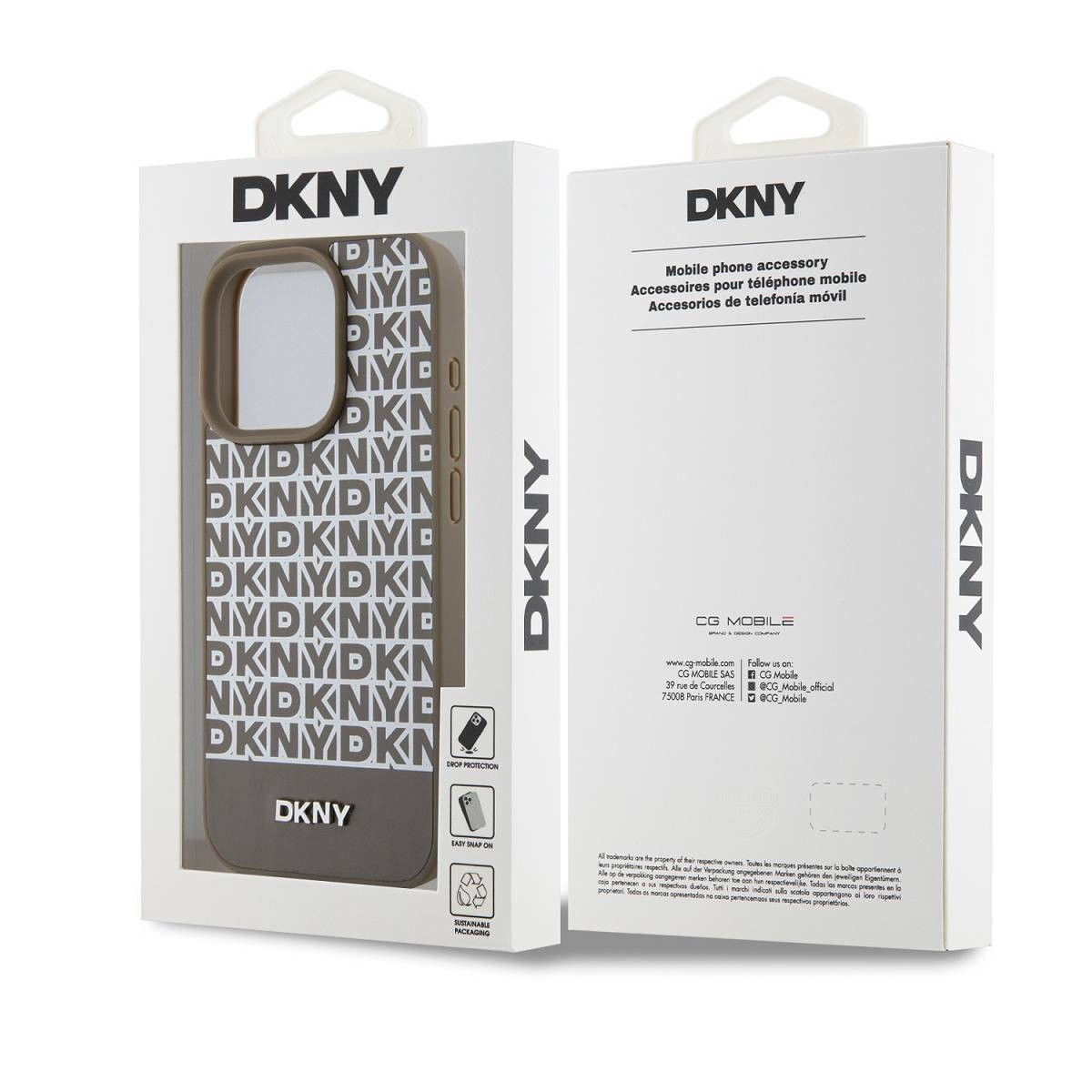 Custodia telefono DKNY in confezione con motivo logo DKNY e dettagli.