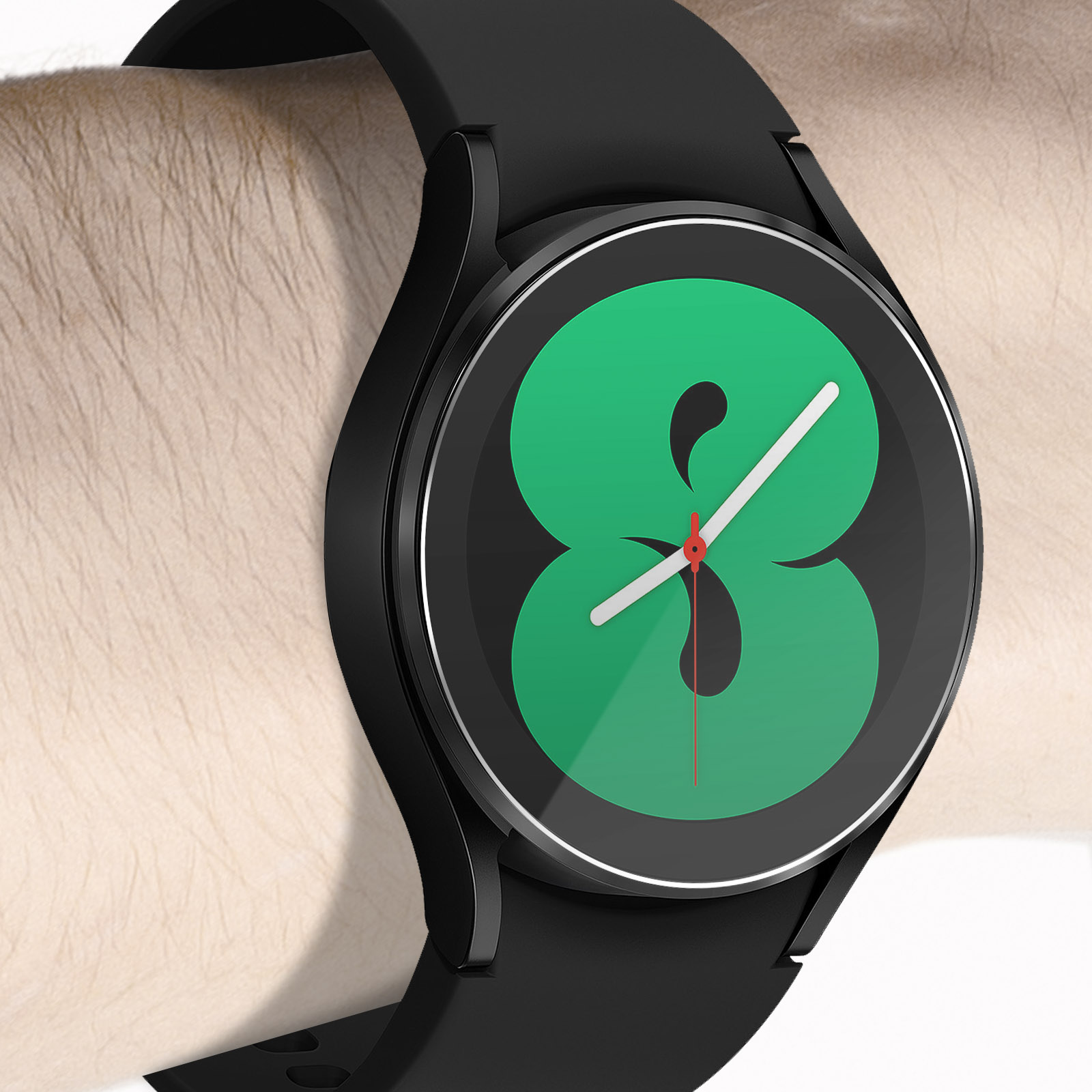Orologio smart nero con quadrante verde e lancetta bianca su un polso.