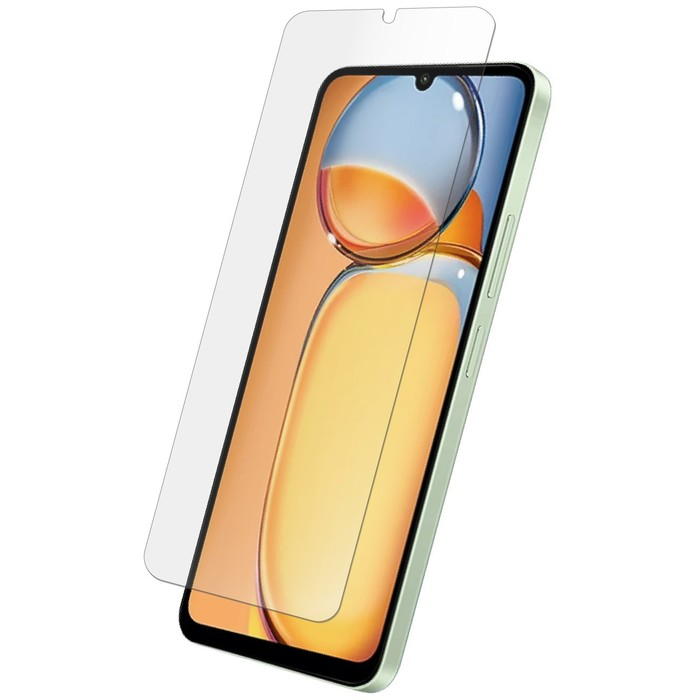 Un telefono con protezione schermo, sfondo bianco.