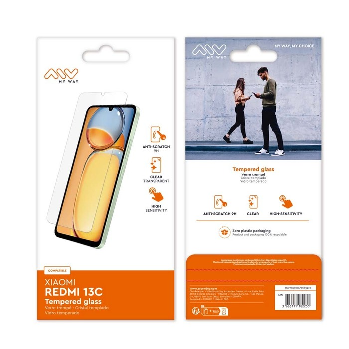Confezione per proteggi schermo Xiaomi Redmi 13C, con telefono e coppia.