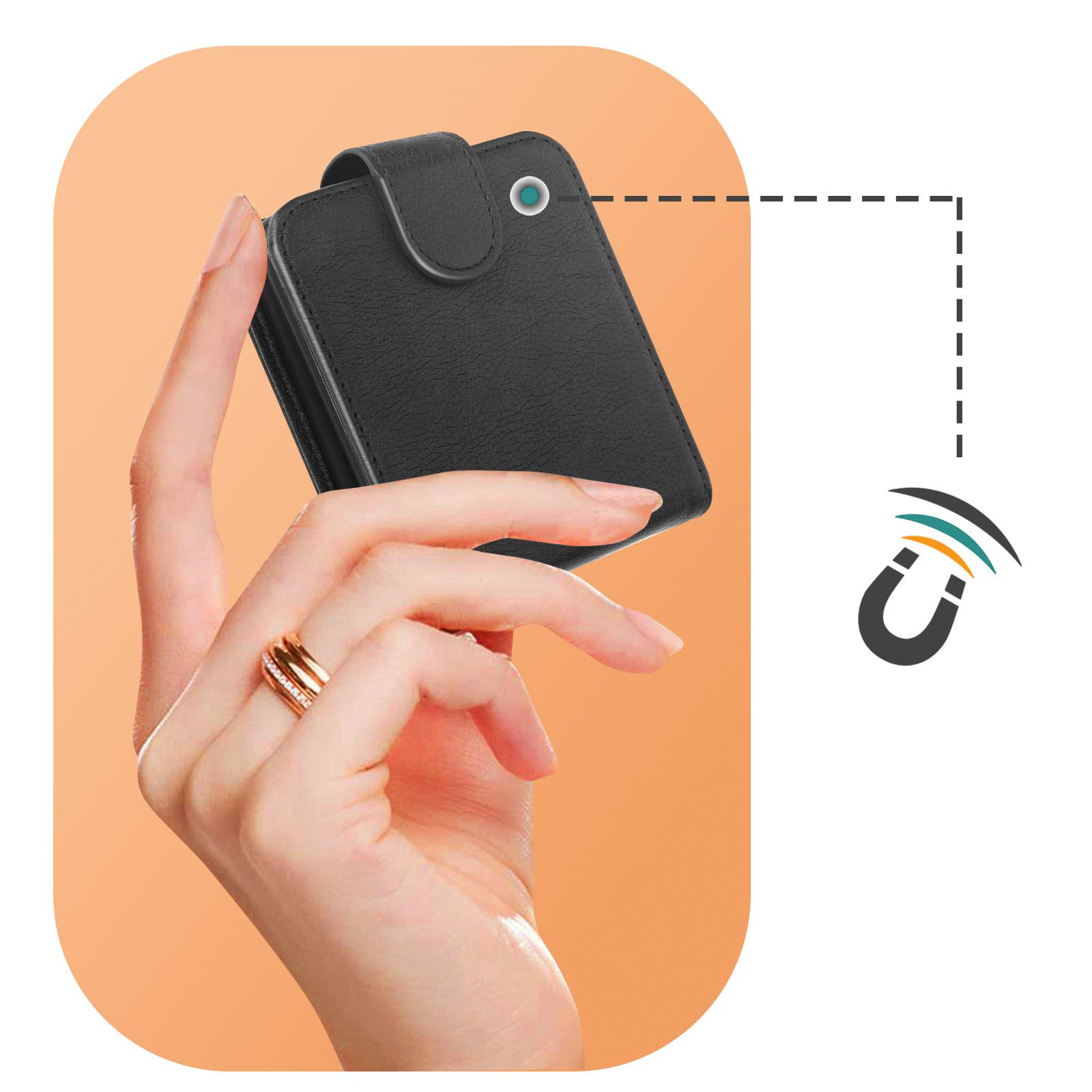 Una mano tiene un portafoglio nero con chiusura magnetica e icona magnete.