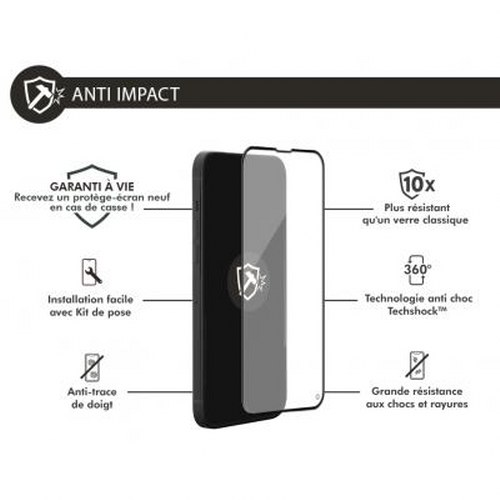 Displays a phone screen protector with features like anti-impact, lifetime warranty, easy installation.