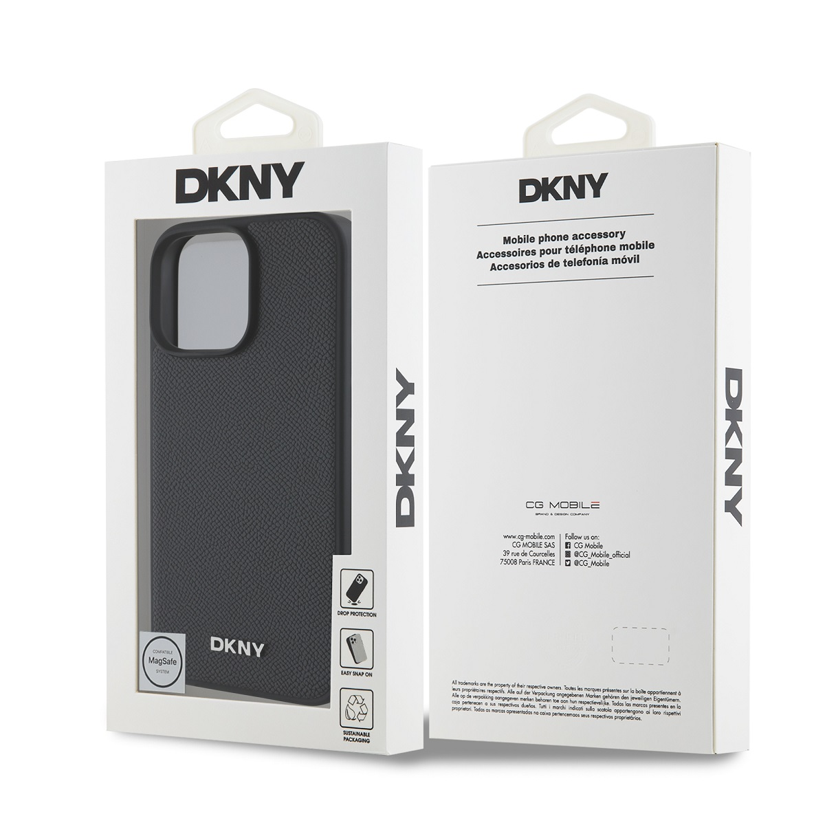 Custodia per telefono DKNY su confezione bianca con info prodotto.