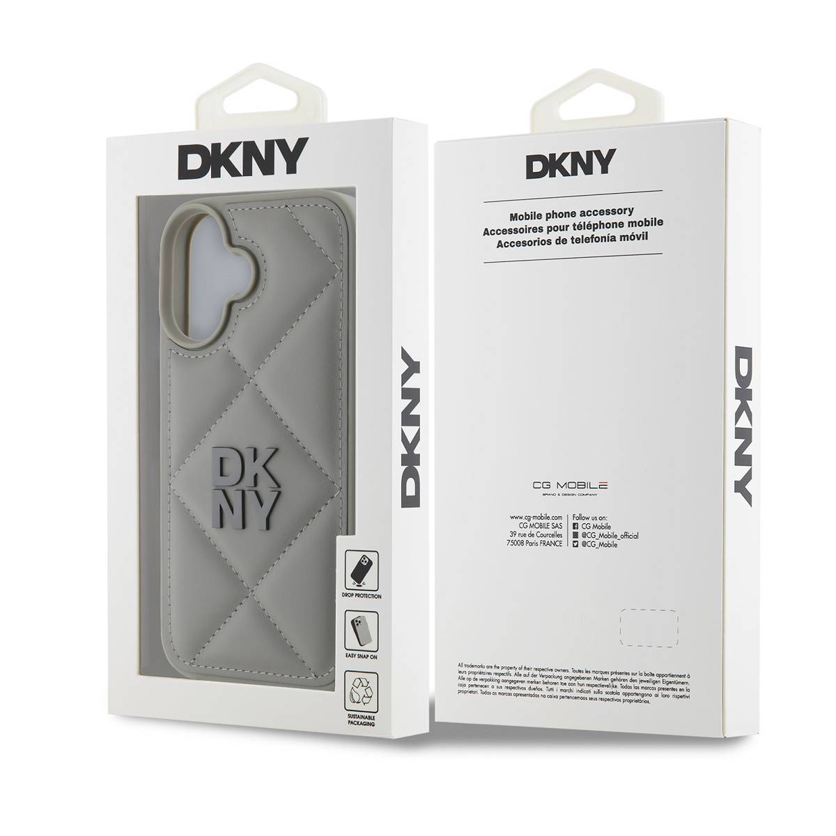 Custodia grigia DKNY per telefono con design trapuntato su confezione bianca.