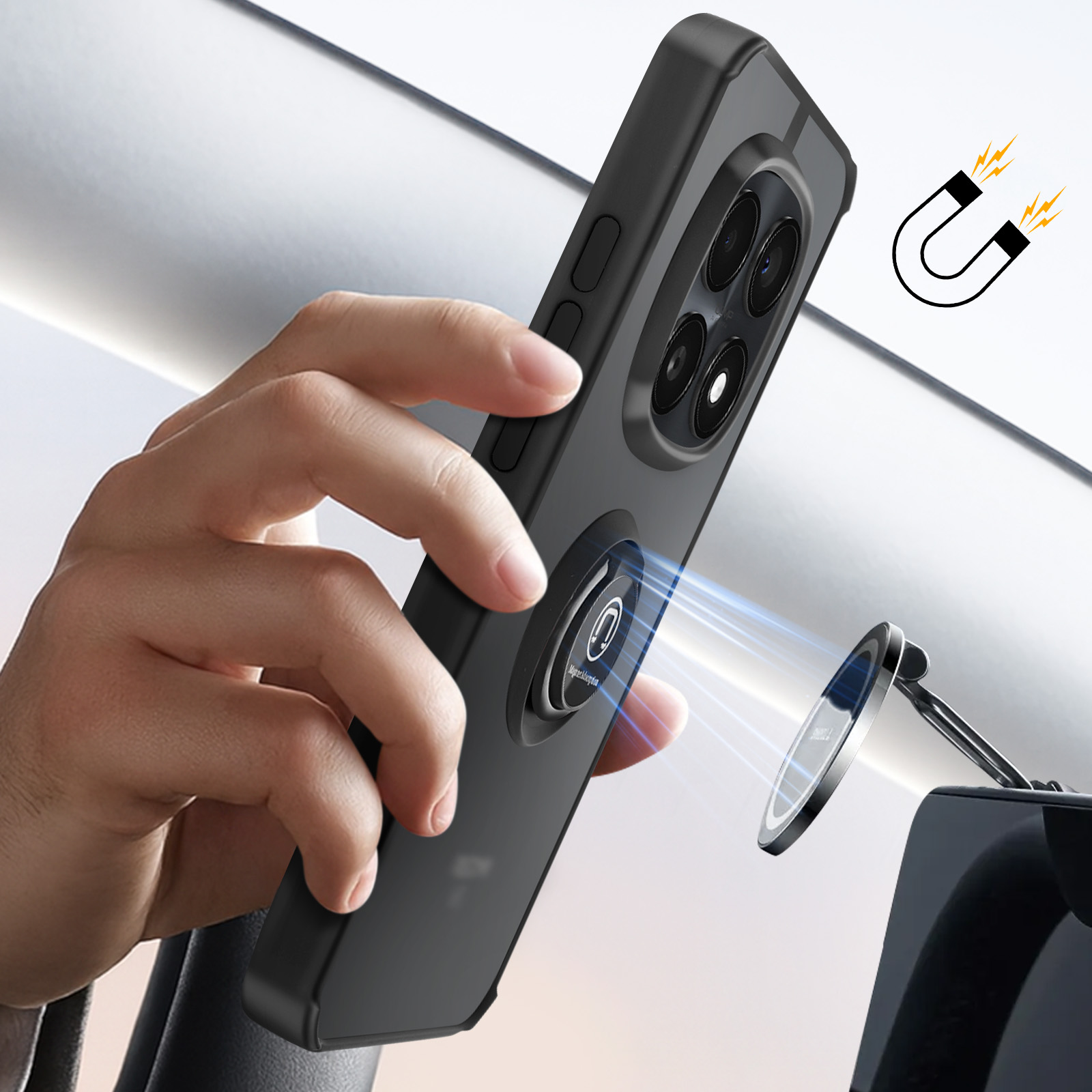 Mano che tiene telefono nero con anello magnetico che si aggancia al supporto per auto.