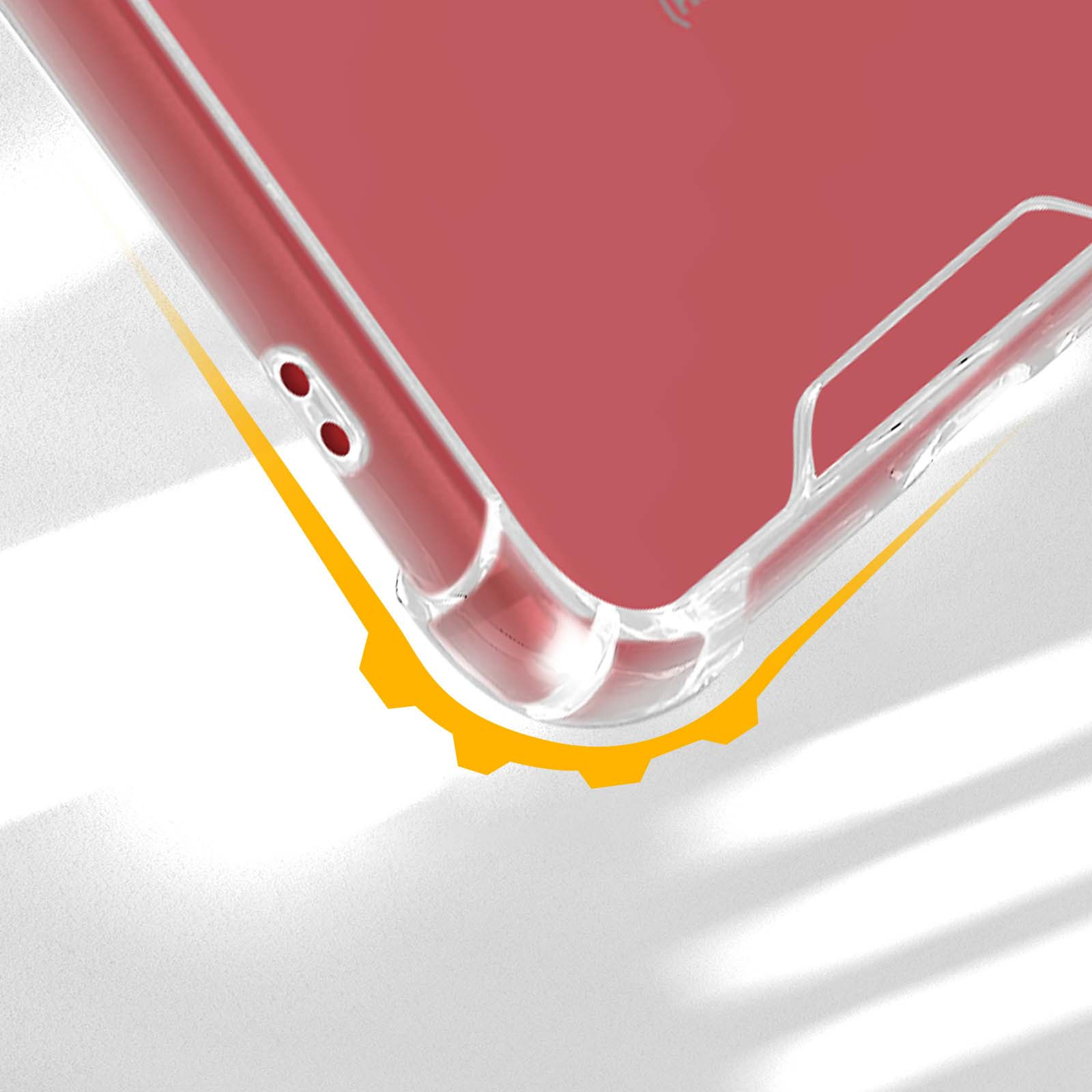 Una cover trasparente per telefono con telefono rosso, linea gialla.