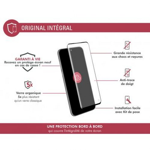 Protezione schermo telefono con caratteristiche: garanzia a vita, vetro organico 5x, resistente agli urti.