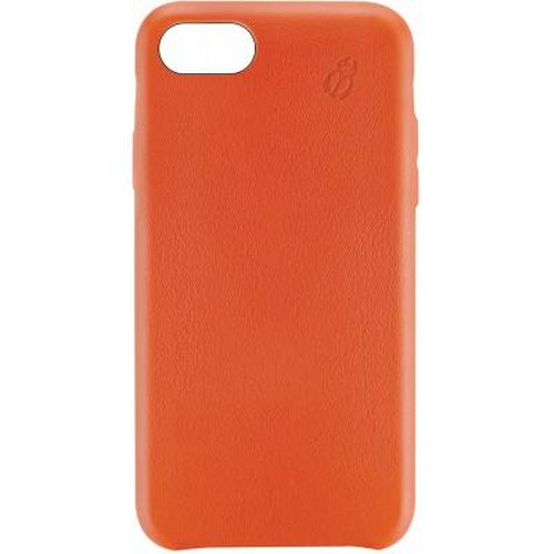 Eine leuchtend orangefarbene Handyhülle aus Leder mit einem Kameraloch und einem kleinen Logo oben rechts.