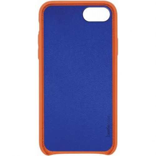 Ein blauer Handyhülle mit orangefarbenem Rand. Oben ist eine Aussparung für die Kamera.
