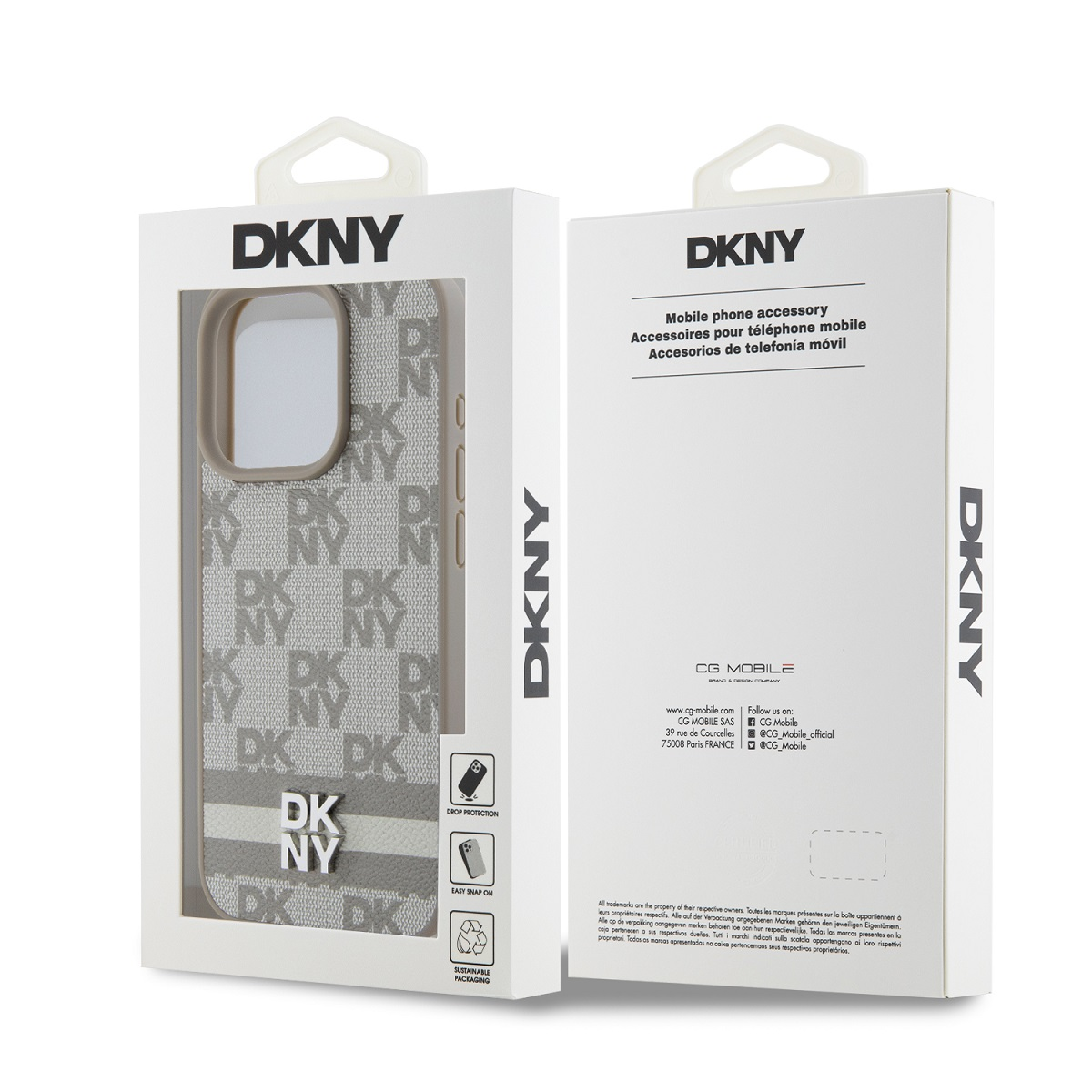 Confezione custodia telefono DKNY con motivo e logo, mostra protezioni.