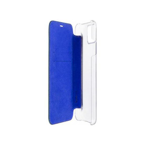 Una custodia per telefono a libro blu e una custodia protettiva trasparente una accanto all'altra.