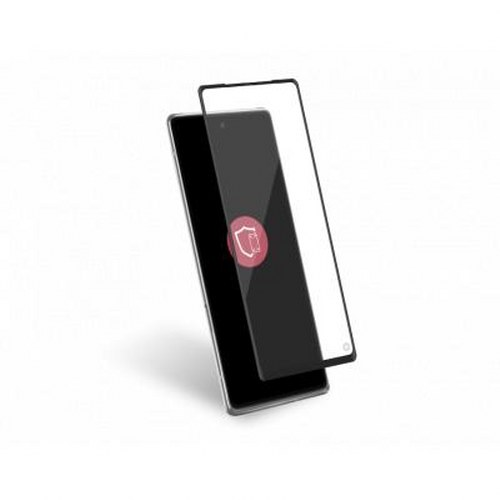 Uno smartphone nero con una protezione per lo schermo che mostra un'icona a scudo rossa.