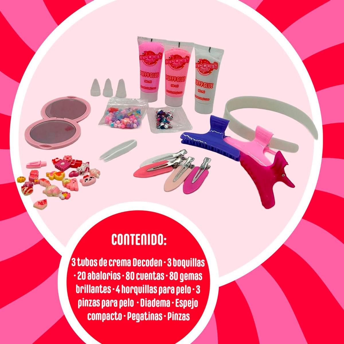 Kit de manualidades con crema decorativa, cuentas, pinzas y espejo.
