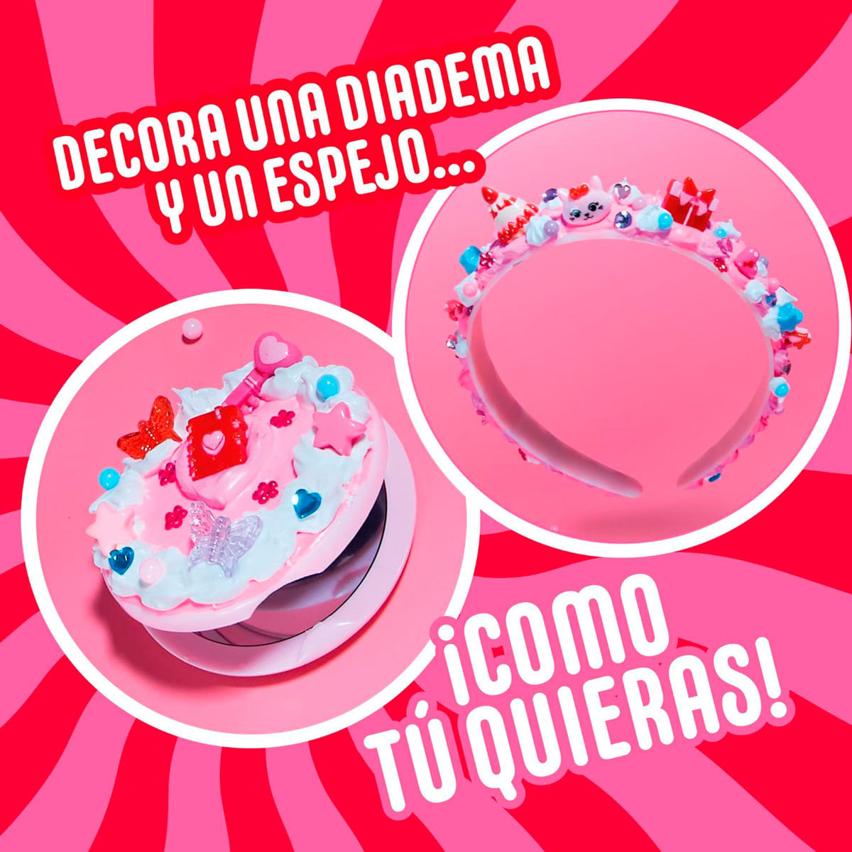 Diadema y espejo decorados con adornos coloridos sobre fondo rosa.