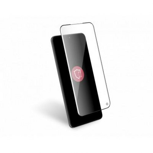 Uno smartphone nero con proteggi schermo su sfondo bianco.