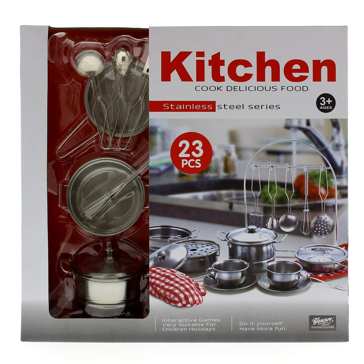 Embalaje de un juego de cocina de juguete de acero inoxidable de 23 piezas.