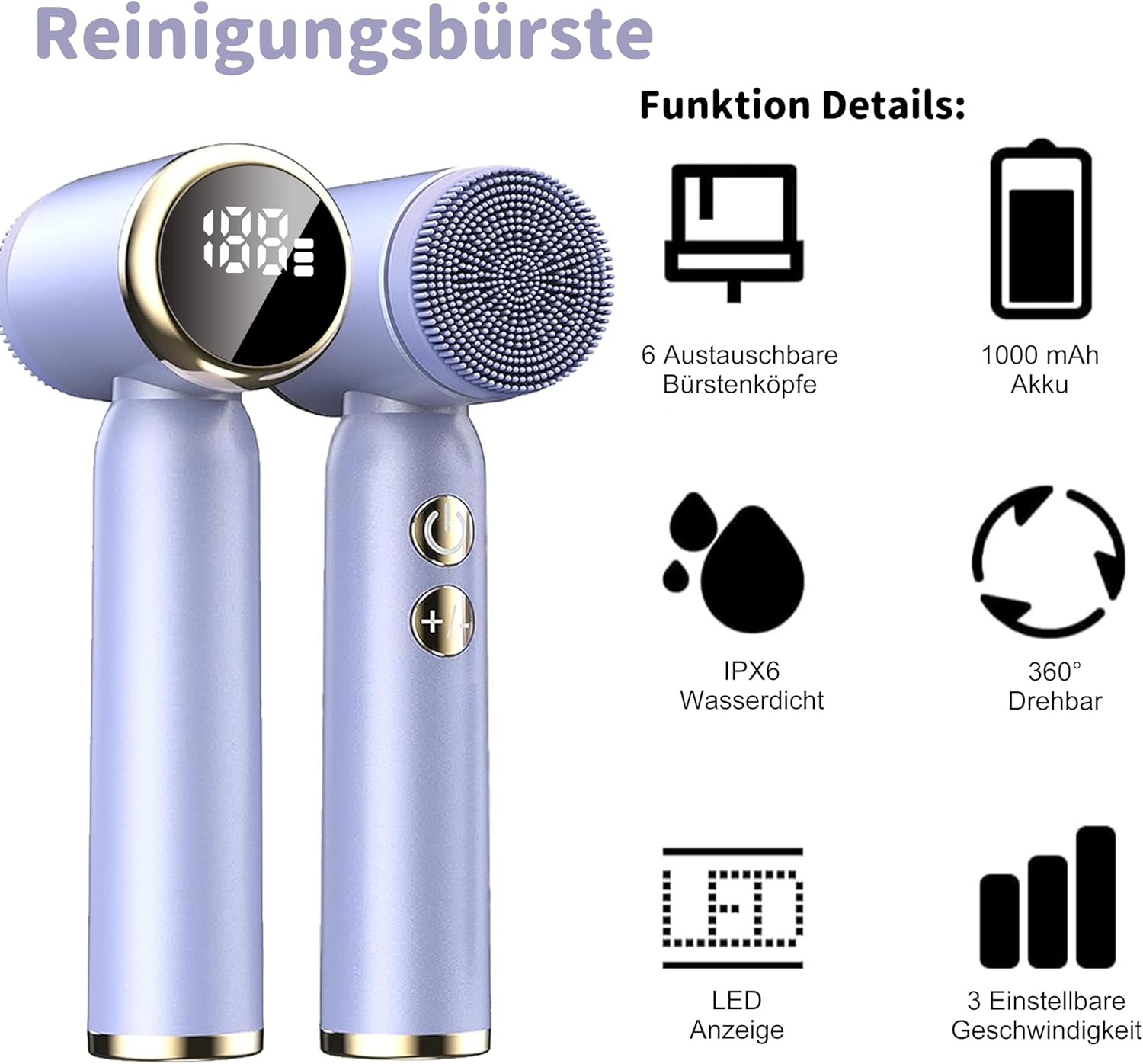 Eine lila Reinigungsbürste mit digitaler Anzeige und Funktionen wie 6 Köpfe, 1000mAh Akku, IPX6 Wasserdicht.