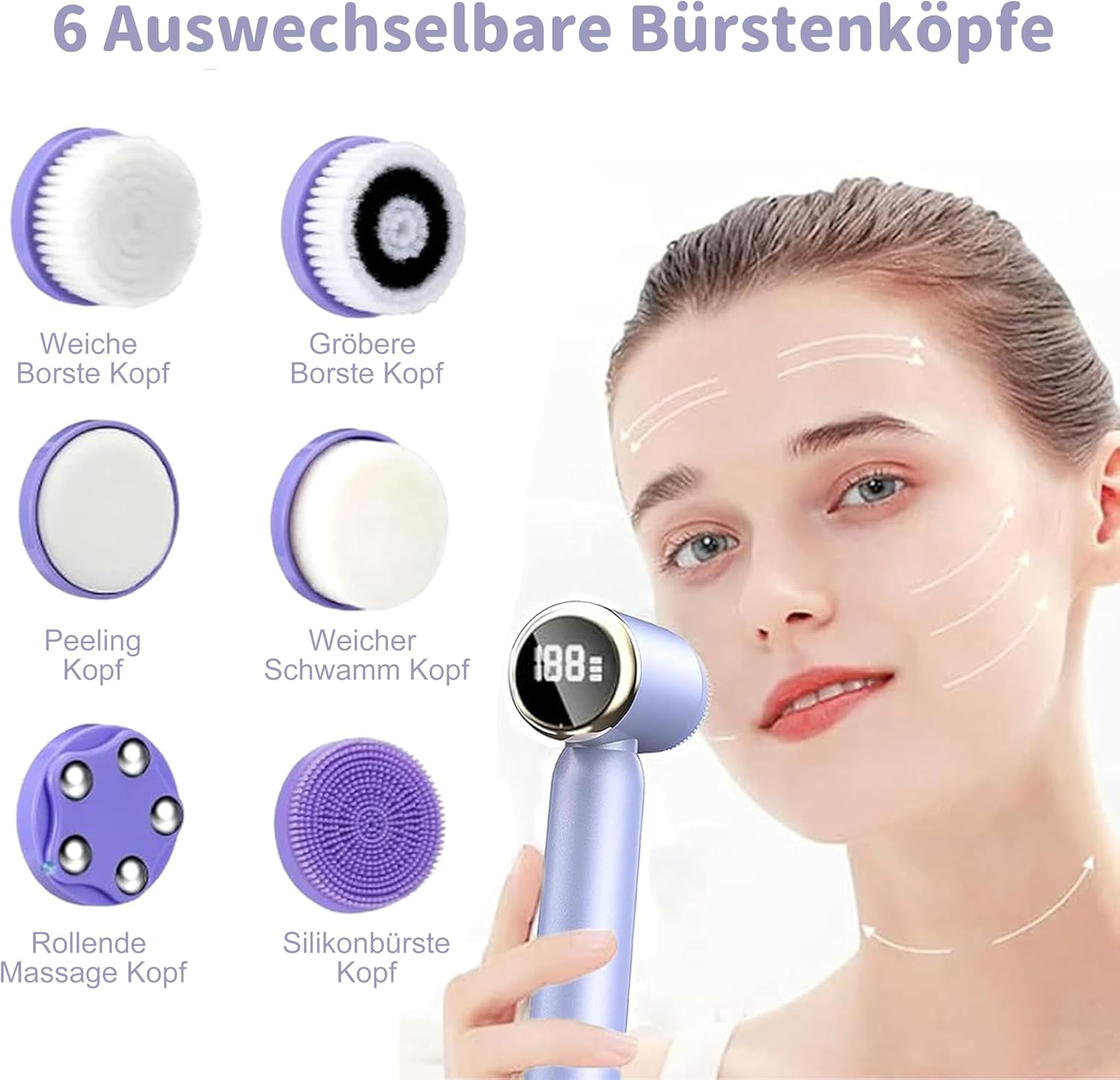 Frau hält ein Gesichtsreinigungsgerät mit 6 angezeigten Bürstenköpfen. Pfeile zeigen Massage Richtungen.