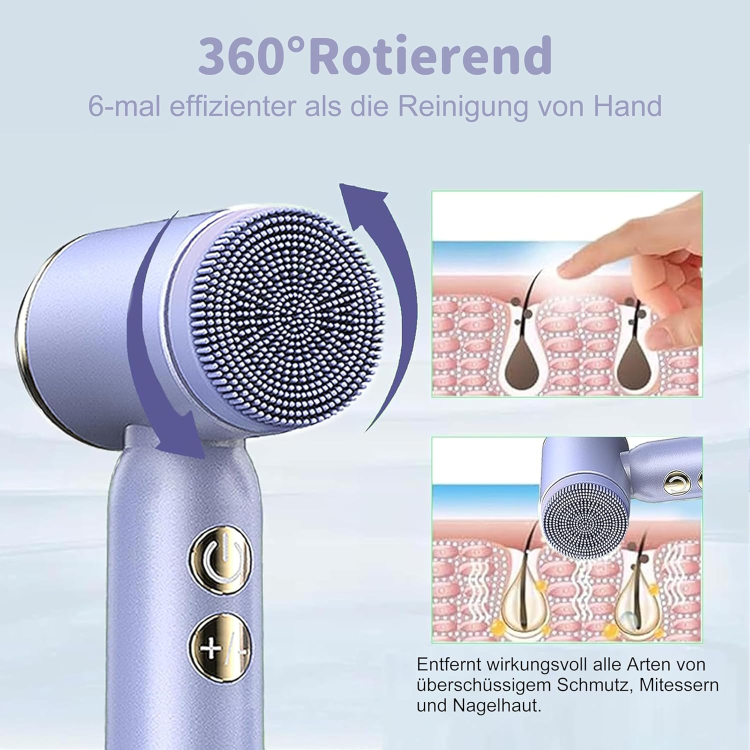 Lila Rotations-Gesichtsreinigungsbürste mit Nahaufnahmen von Hautporen und Schmutzentfernung.