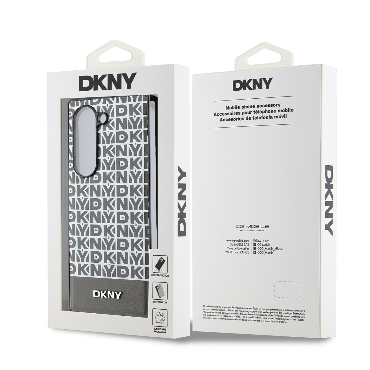 Confezione per cover DKNY con motivo e informazioni.