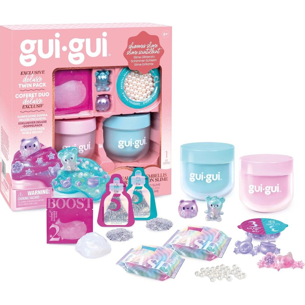 Pack Doble Deluxe Gui-Gui con ingredientes de slime, figuras y perlas.