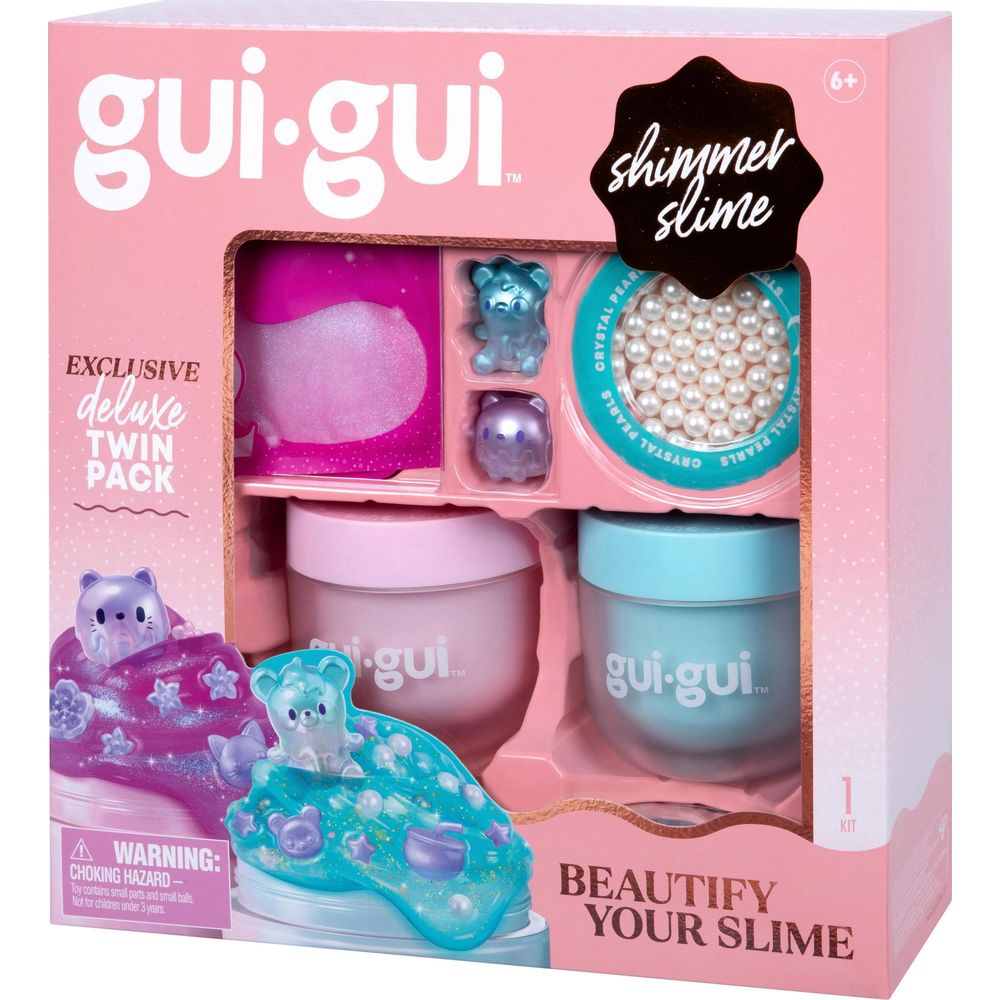 Pack doble de limo brillante Gui-Gui con figuras, perlas e ingredientes.