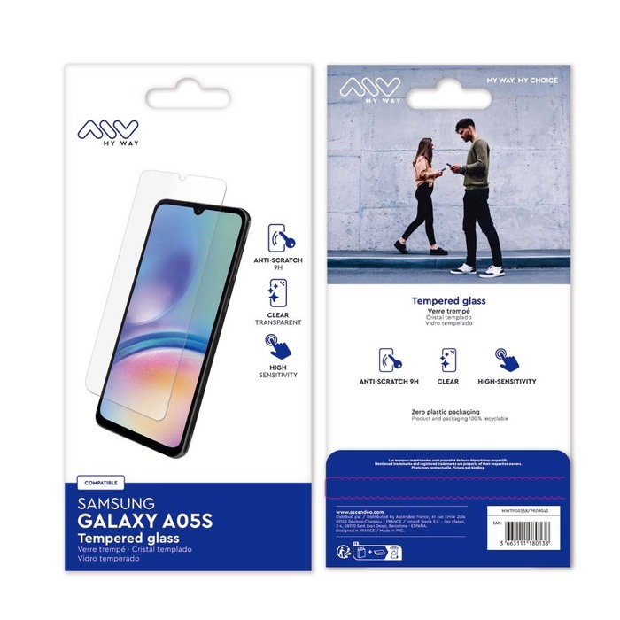 Confezione proteggi schermo Samsung A05S: fronte con telefono, retro con coppia.