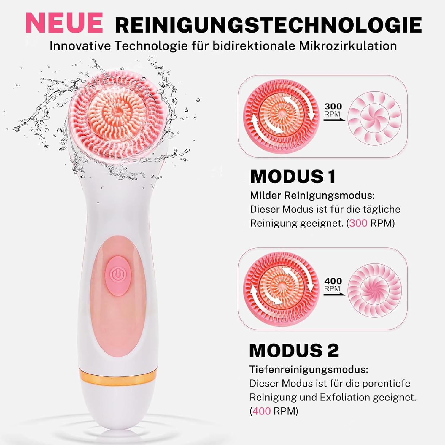 Ein pinker Gesichtsreinigungsbürstenkopf mit Wasser bespritzt, daneben Modi mit 300 und 400 U/min.