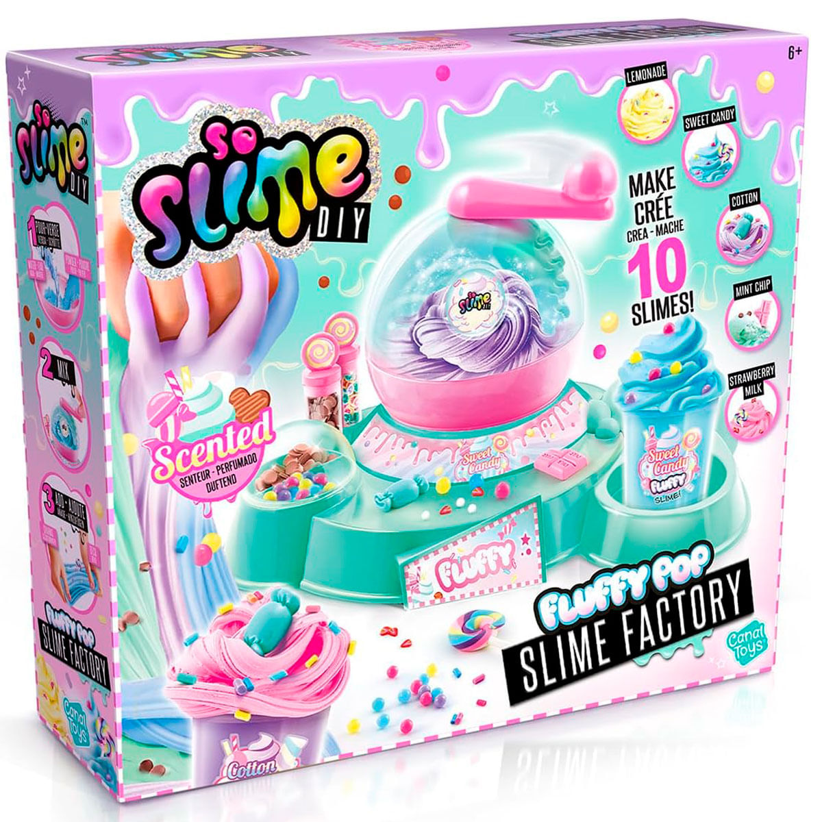 Caja de un kit para hacer slime, mostrando ejemplos coloridos de slime y accesorios.