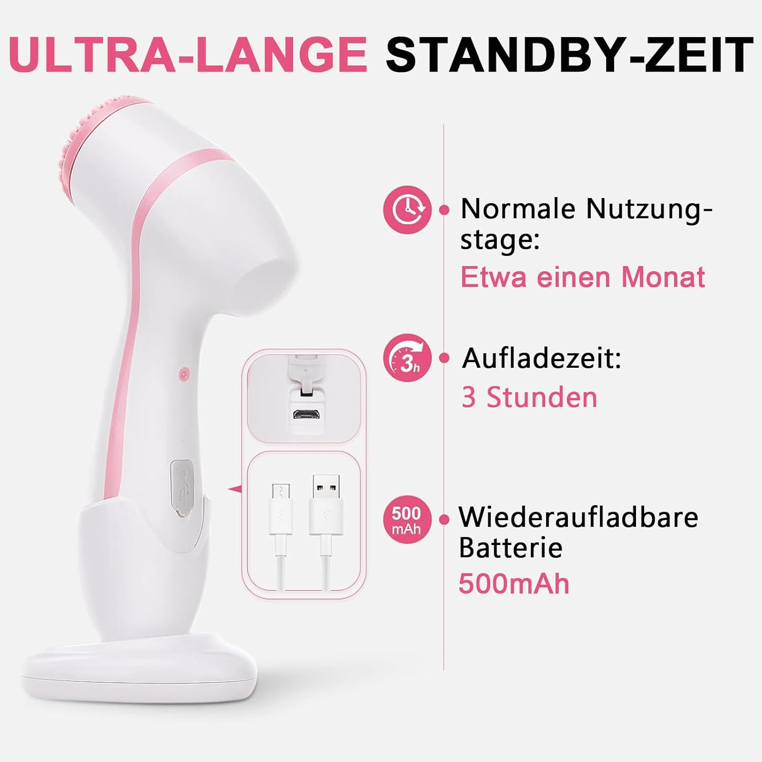 Weiße und rosa Gesichtsreinigungsbürste mit Ladezubehör und Leistungsangaben.